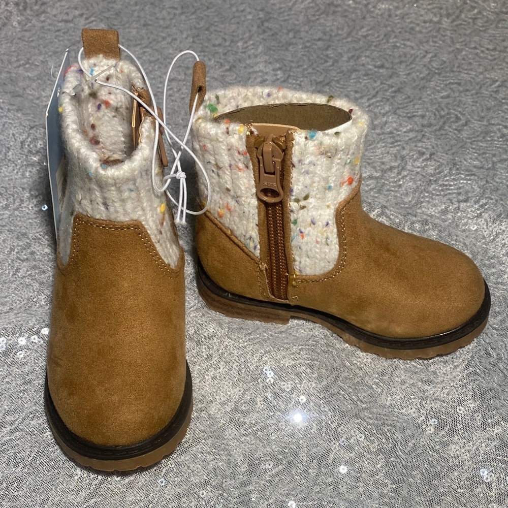 Cat & Jack Kids' Cognac Emmaline Brown Boots with Speckled Knit Cuff - Picture 2 of 6